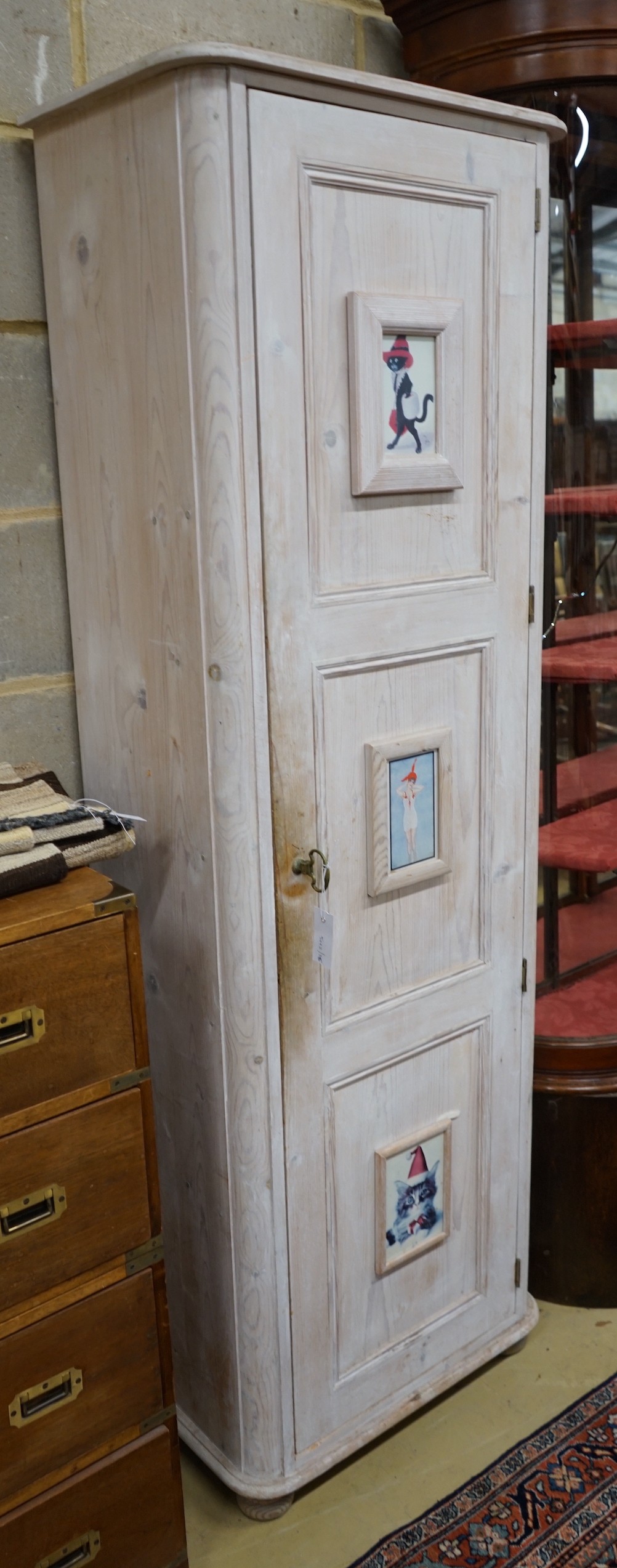 A Victorian style painted pine hall cupboard, width 59cm, depth 37cm, height 183cm